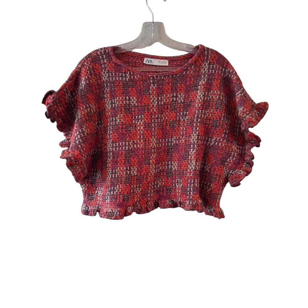 Zara Multicolor Red Ruffle-Sleeve Knit Crop Top Boho Feminine - Picture 3 of 7
